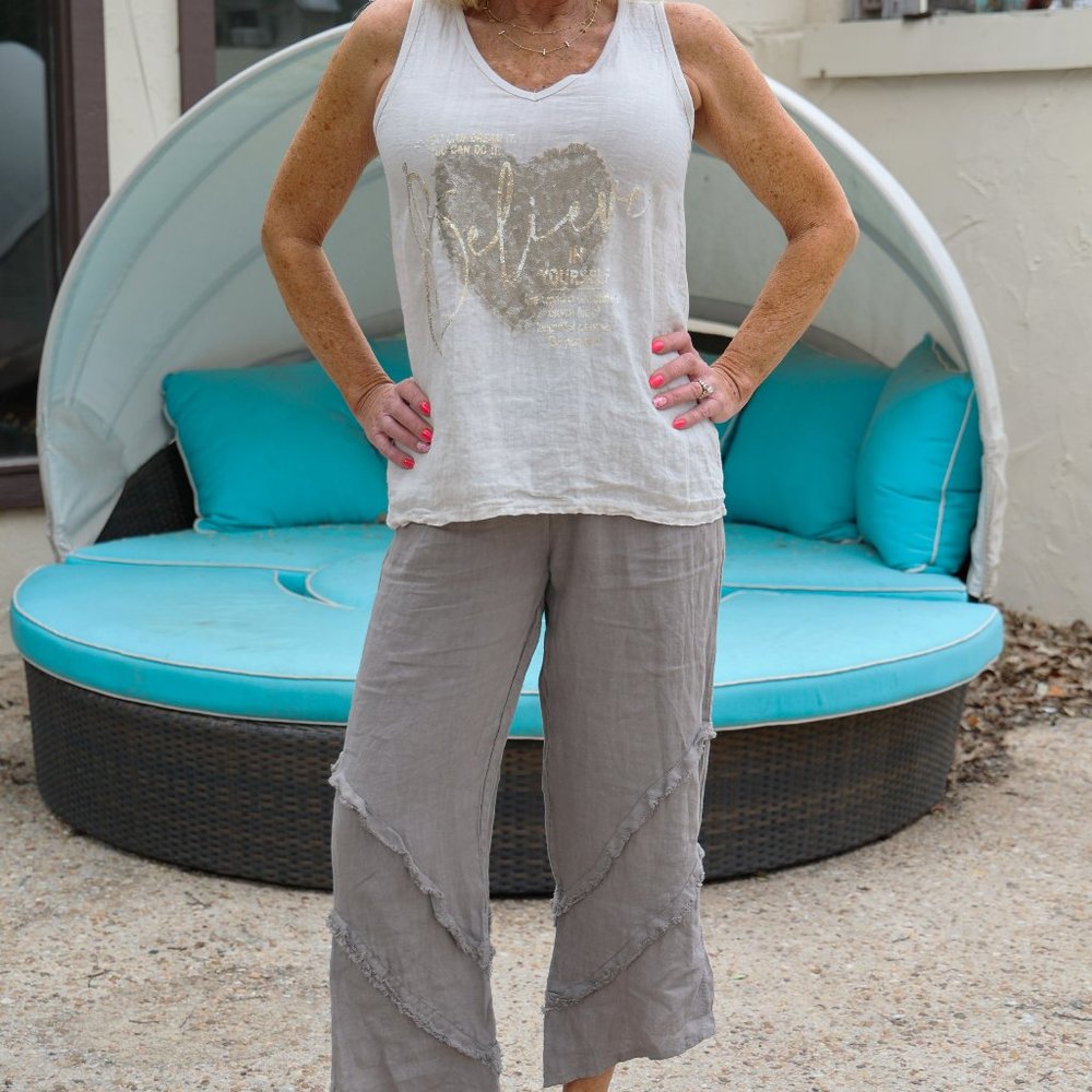 NWT Look Mode Sequin Heart "Believe" Tank Top In Taupe